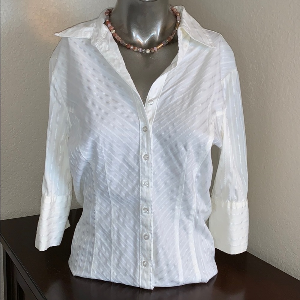 Fitted Button Up Blouse, Satin Accents, Mid Sleeve